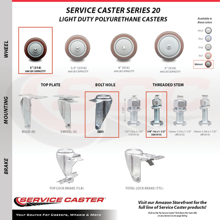 Service Caster 3 Inch Maroon Polyurethane Swivel 3/8 Inch Stem Caster Total Lock Brake, 2PK SCC-TSTTL20S314-PPUB-MRN-381615-2-S2